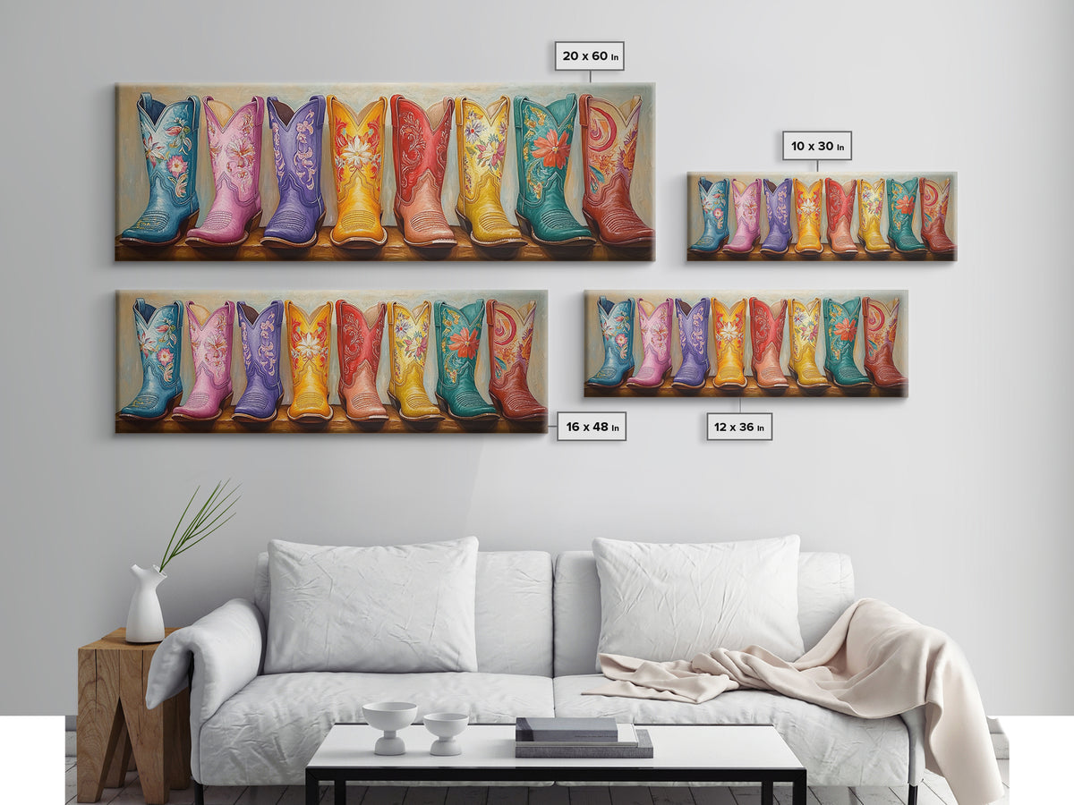 Pastel Embroidered Cowboy Boots Framed Canvas Print, Western Cowgirl Wall Decor, Floral Ranch Art, Boho Housewarming Gift