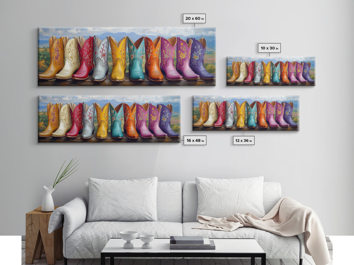 Mountain Row Cowboy Boots Wall Art, Western Cowgirl Decor, Southwestern Landscape Print, Rustic Ranch Housewarming Gift For Her