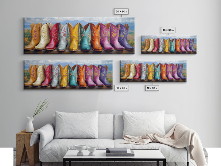 Mountain Row Cowboy Boots Wall Art, Western Cowgirl Decor, Southwestern Landscape Print, Rustic Ranch Housewarming Gift For Her