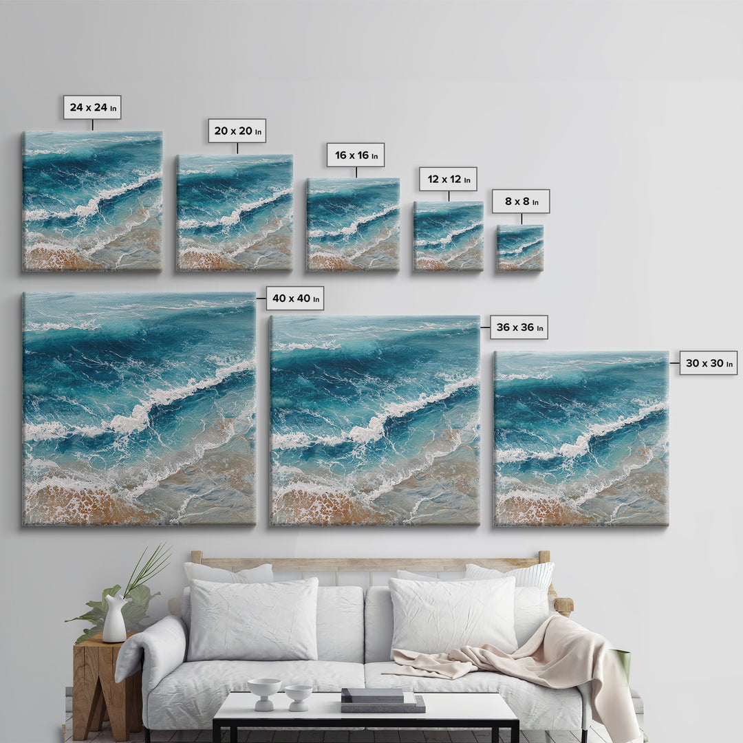Serene Ocean Tide Seen from Above Framed Canvas Print, Above Bed Art, Photography Prints, Bedroom Decor, Oil Painting, Serenity, ABA-1x1-21