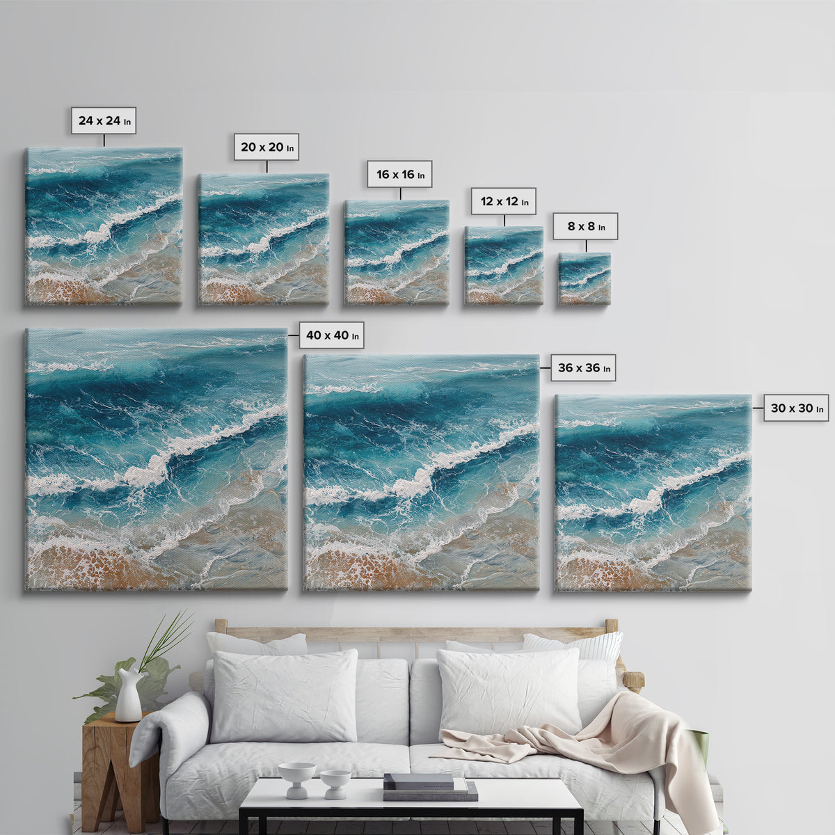 Serene Ocean Tide Seen from Above Framed Canvas Print, Above Bed Art, Photography Prints, Bedroom Decor, Oil Painting, Serenity, ABA-1x1-21
