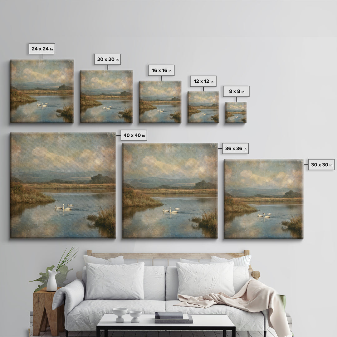 Paired Swans in a Dreamy Painterly Lake Canvas Print, Above Bed Art, Boho Wall Art, Bedroom Decor, Fine Art, Serenity, ABA-1x1-22