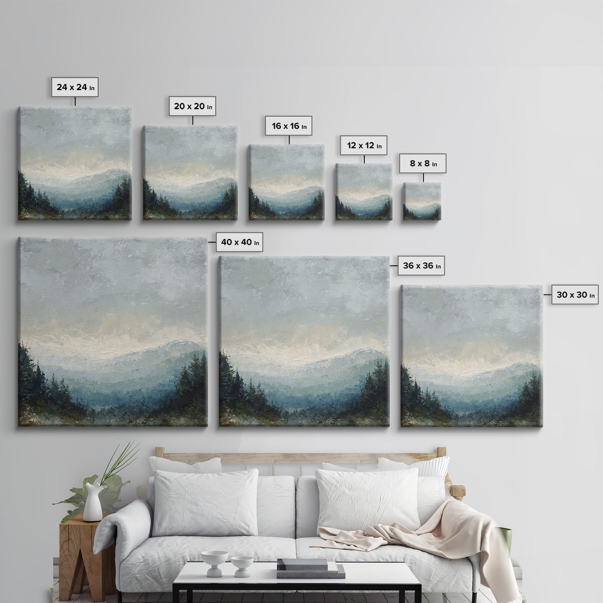 Soft Alpine Horizon Framed Canvas Print, Above Bed Art, Boho Decor, Bedroom Decor, Fine Art, Serenity, Statement Artwork, ABA-1x1-24
