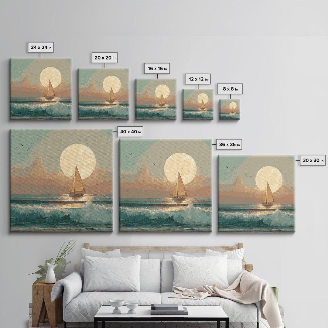 Quiet Moon over a Calm Ocean Horizon Framed Canvas Print, Above Bed Art, Living Room Decor, Bedroom Decor, Oil Painting, ABA-1x1-27
