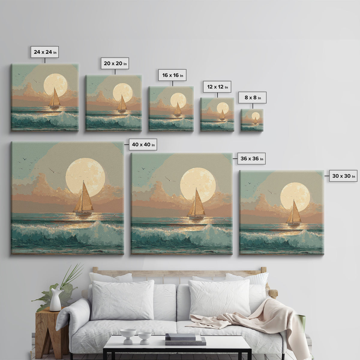 Quiet Moon over a Calm Ocean Horizon Framed Canvas Print, Above Bed Art, Living Room Decor, Bedroom Decor, Oil Painting, ABA-1x1-27