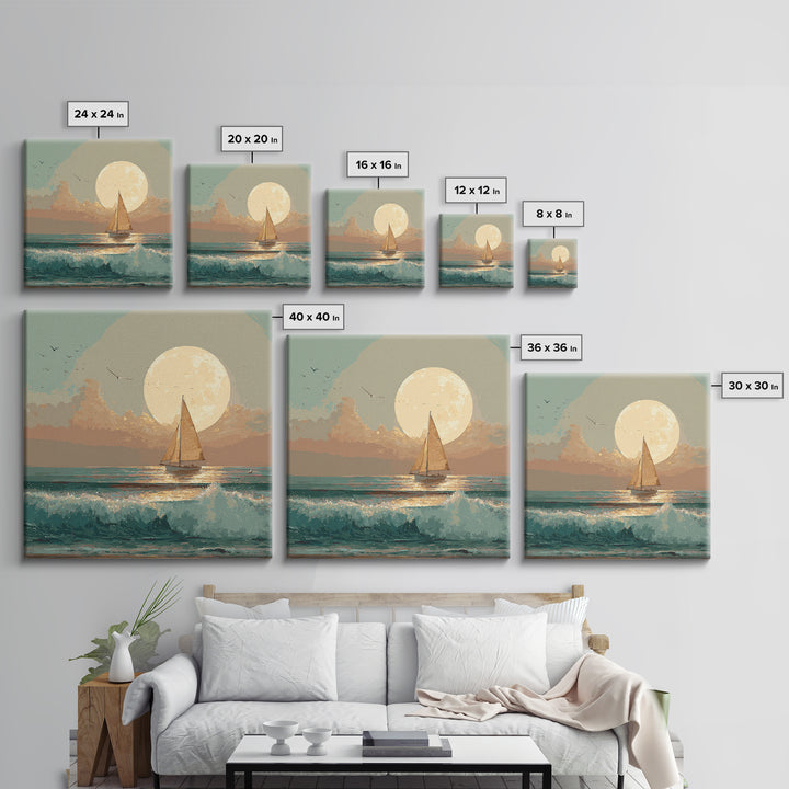 Quiet Moon over a Calm Ocean Horizon Framed Canvas Print, Above Bed Art, Living Room Decor, Bedroom Decor, Oil Painting, ABA-1x1-27
