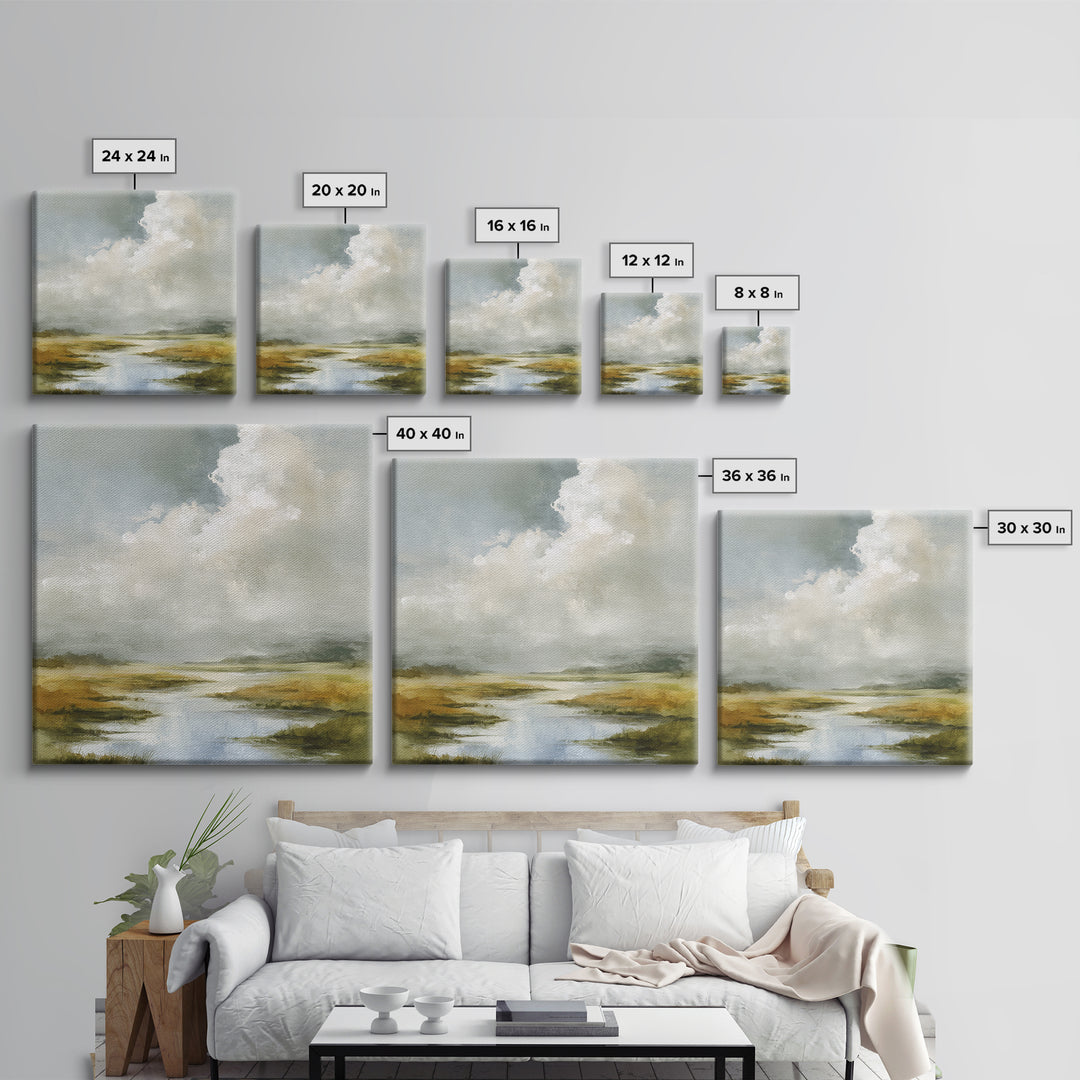 Tranquil Cloudscape with Blush Undertones Framed Canvas Print, Above Bed Art, Modern Decor, Bedroom Decor, Fine Art, Serenity, ABA-1x1-29