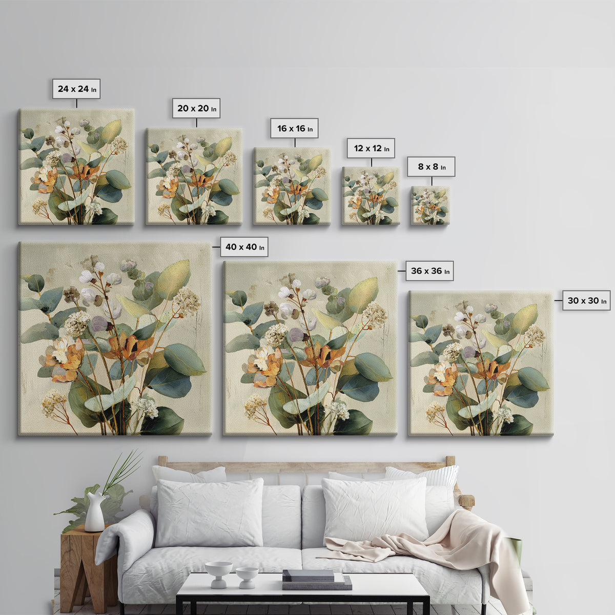 Soft Eucalyptus Branches Arranged Symmetrically Canvas Print, Above Bed Art, Living Room Wall Art, Bedroom Decor, Serenity, ABA-1x1-30