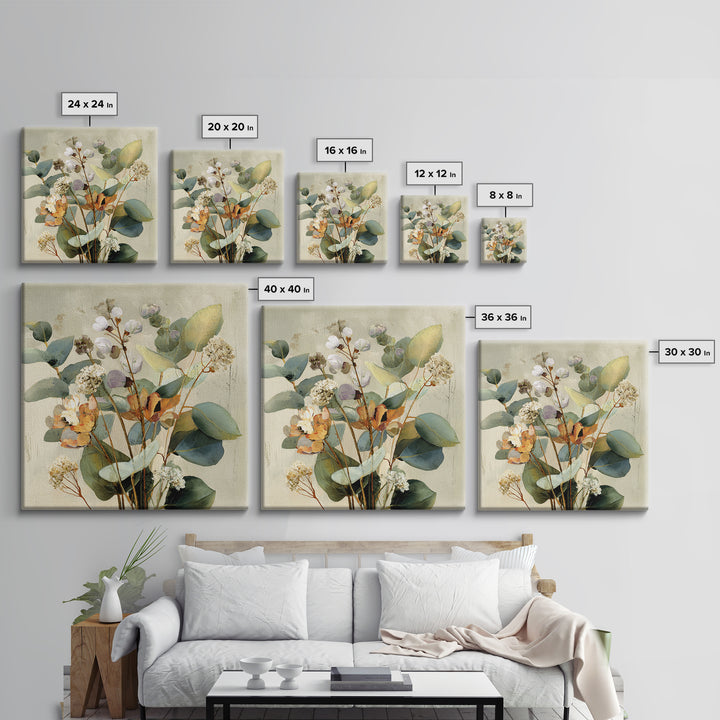 Soft Eucalyptus Branches Arranged Symmetrically Canvas Print, Above Bed Art, Living Room Wall Art, Bedroom Decor, Serenity, ABA-1x1-30