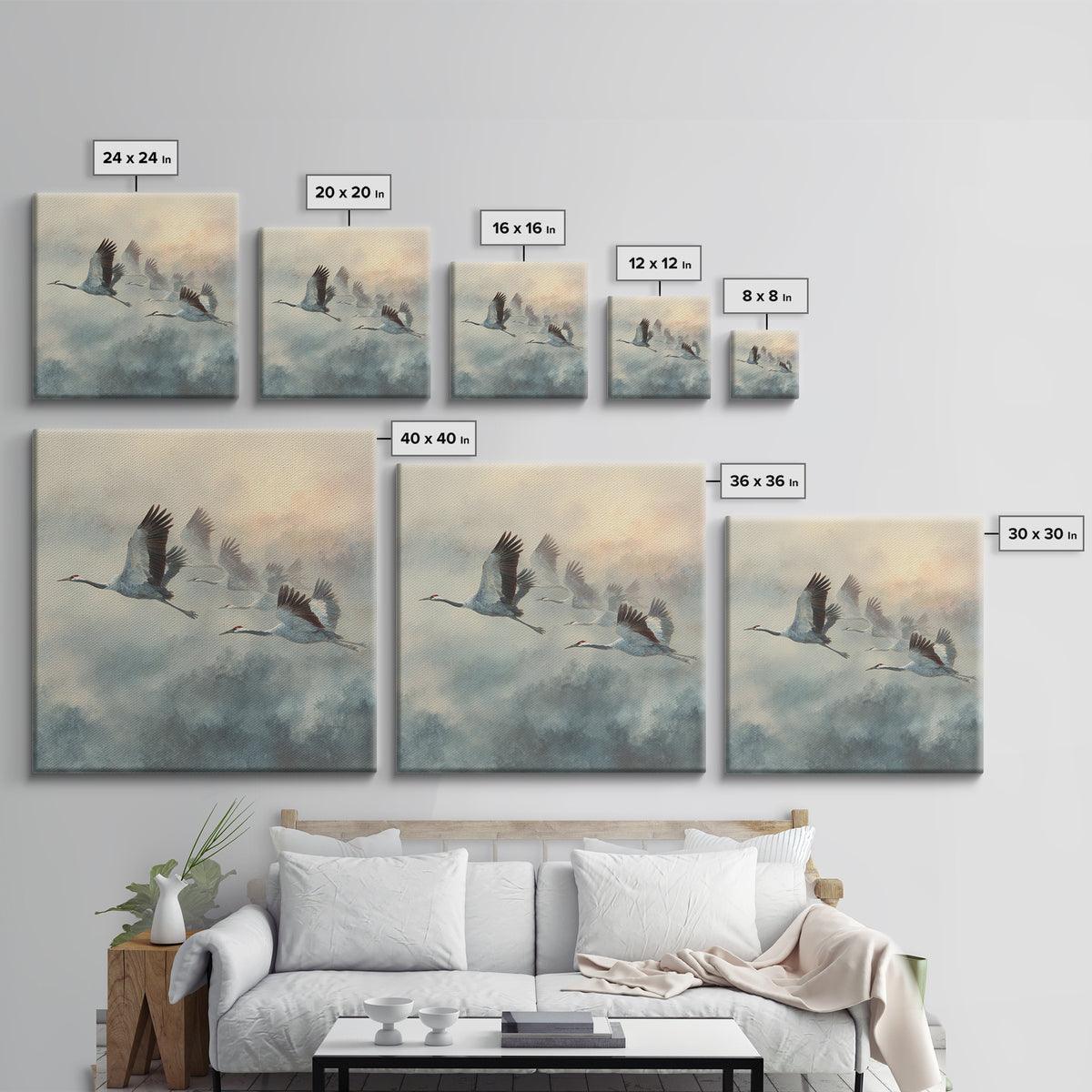 Ethereal Cranes Flying Through Pale Morning Mist Canvas Print, Above Bed Art, Fine Art Print, Bedroom Decor, Serenity, ABA-1x1-33