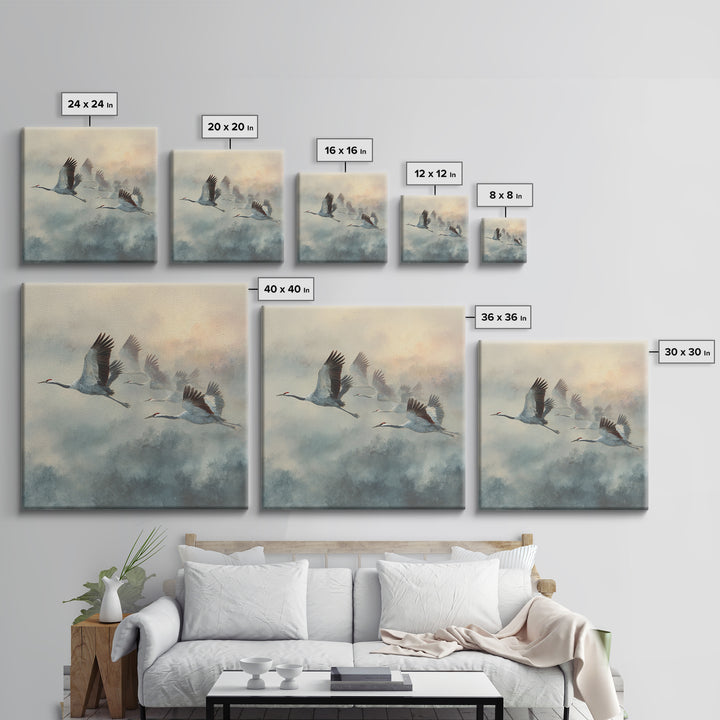 Ethereal Cranes Flying Through Pale Morning Mist Canvas Print, Above Bed Art, Fine Art Print, Bedroom Decor, Serenity, ABA-1x1-33
