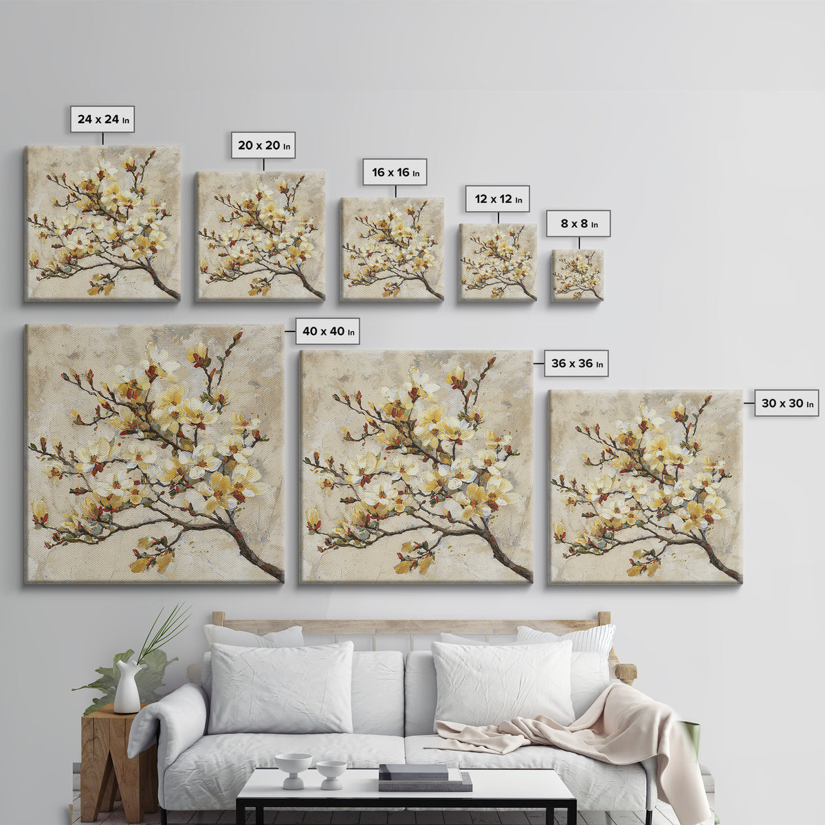 Delicate Magnolia Branch on Cream Background Framed Canvas Print, Above Bed Art, Bedroom Decor, Watercolor Art, Serenity, ABA-1x1-40