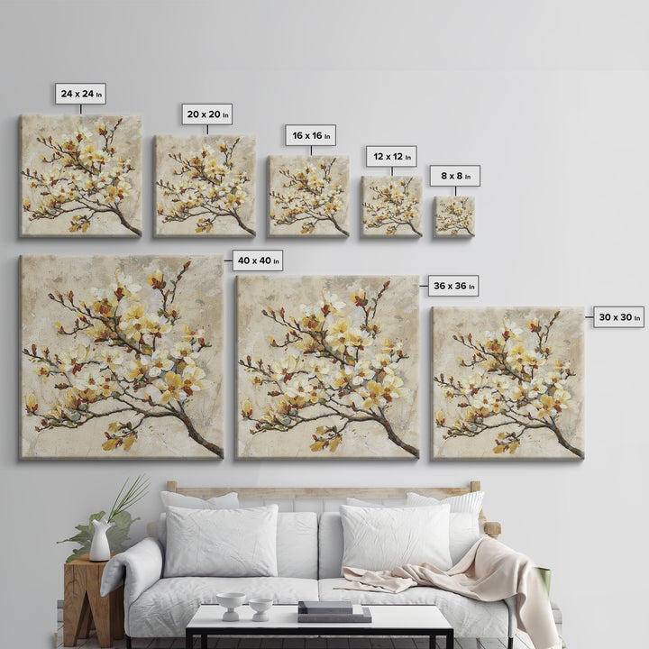 Delicate Magnolia Branch on Cream Background Framed Canvas Print, Above Bed Art, Bedroom Decor, Watercolor Art, Serenity, ABA-1x1-40