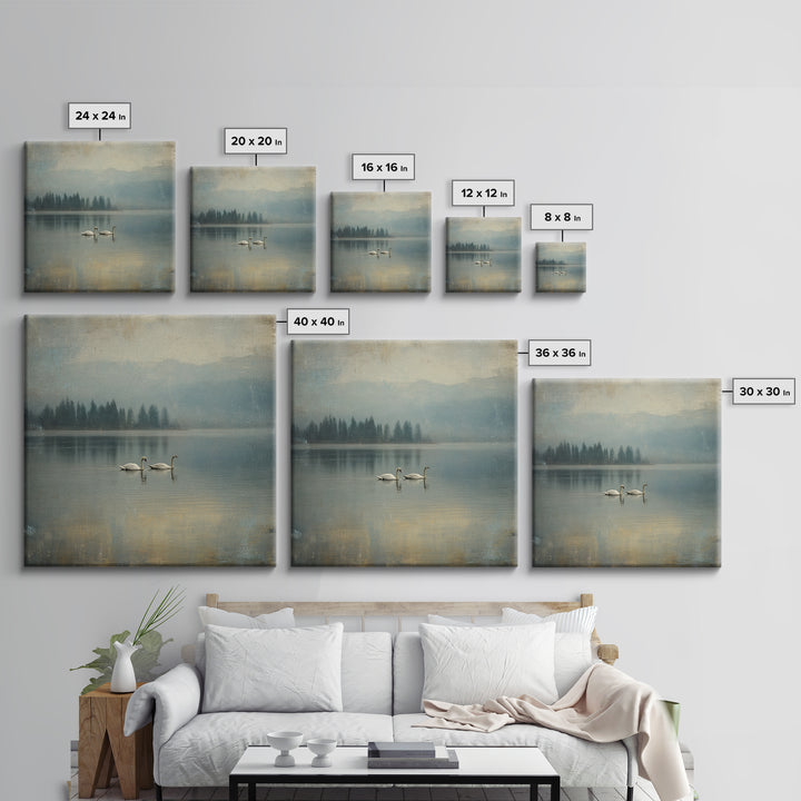 Paired Swans in a Dreamy Painterly Lake Framed Canvas Print, Above Bed Art, Boho Decor, Bedroom Decor, Oil Painting, Serenity, ABA-1x1-46