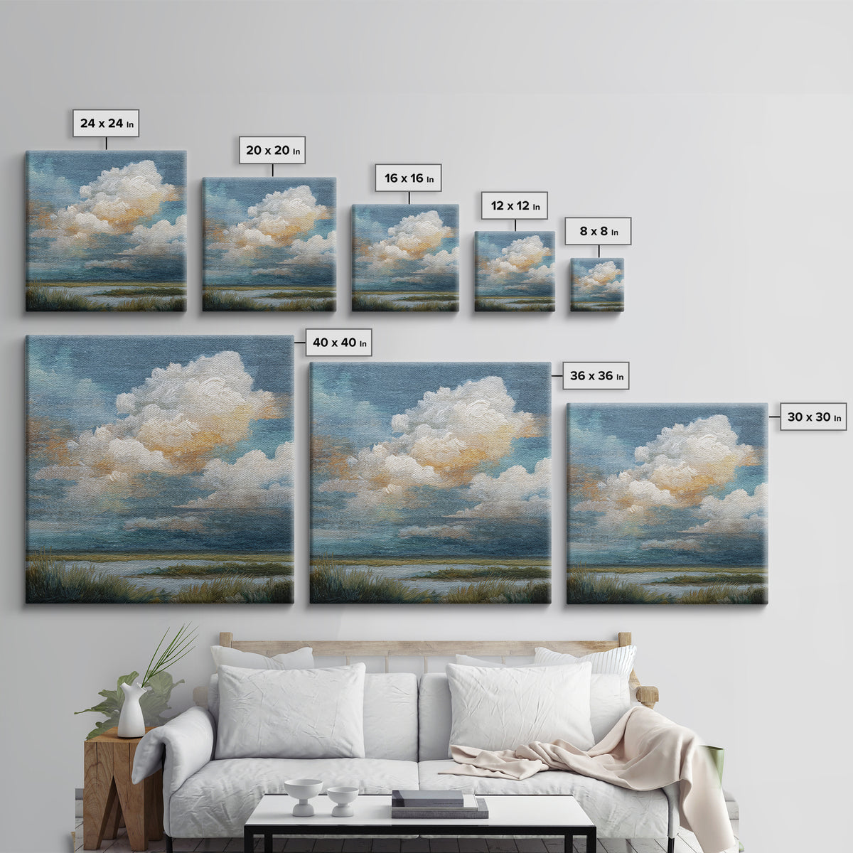 Tranquil Cloudscape with Blush Undertones Canvas Print, Above Bed Art, 3 Piece Wall Art, Bedroom Decor, Fine Art, Serenity, ABA-1x1-5