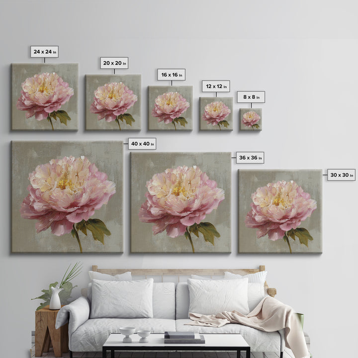 Romantic Oversized Peony Bloom on Warm Linen Canvas Print, Above Bed Art, Western Decor, Bedroom Decor, Abstract Art, Serenity, ABA-1x1-50
