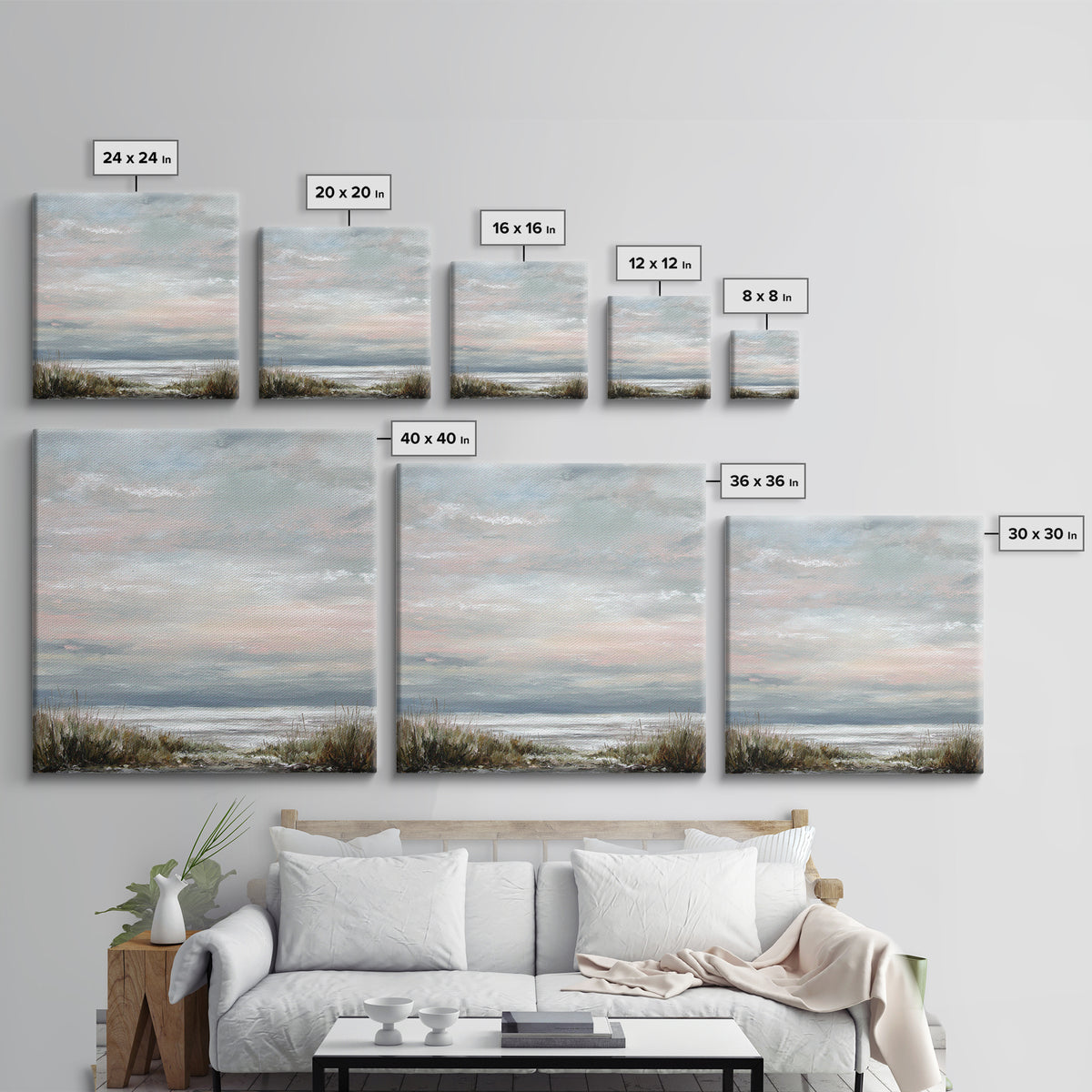 Tranquil Cloudscape with Blush Undertones Framed Canvas Print, Above Bed Art, Modern Decor, Bedroom Decor, Fine Art, Serenity, ABA-1x1-53
