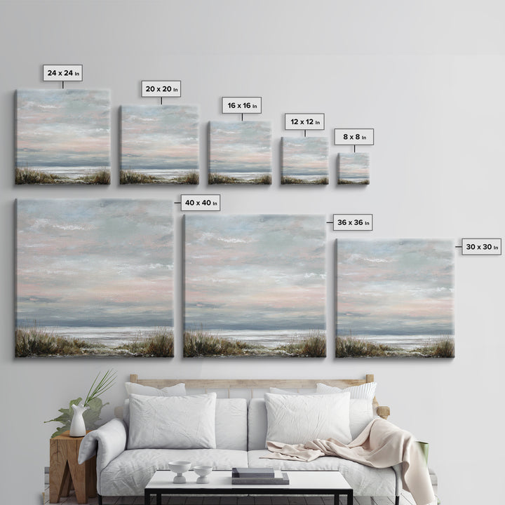 Tranquil Cloudscape with Blush Undertones Framed Canvas Print, Above Bed Art, Modern Decor, Bedroom Decor, Fine Art, Serenity, ABA-1x1-53