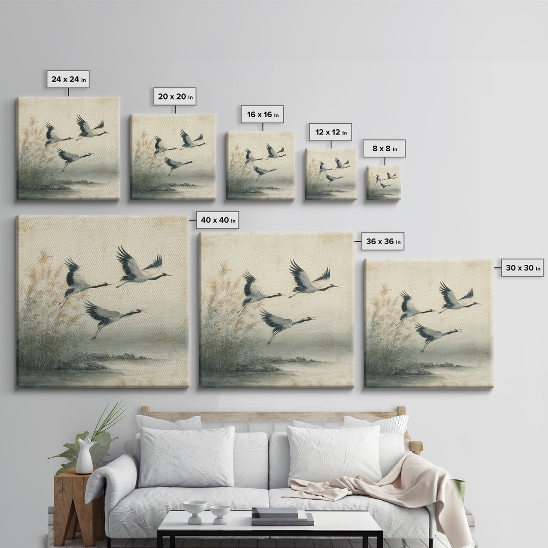Ethereal Cranes Flying Through Pale Morning Mist Canvas Print, Above Bed Art, Fine Art Print, Bedroom Decor, Serenity, ABA-1x1-57