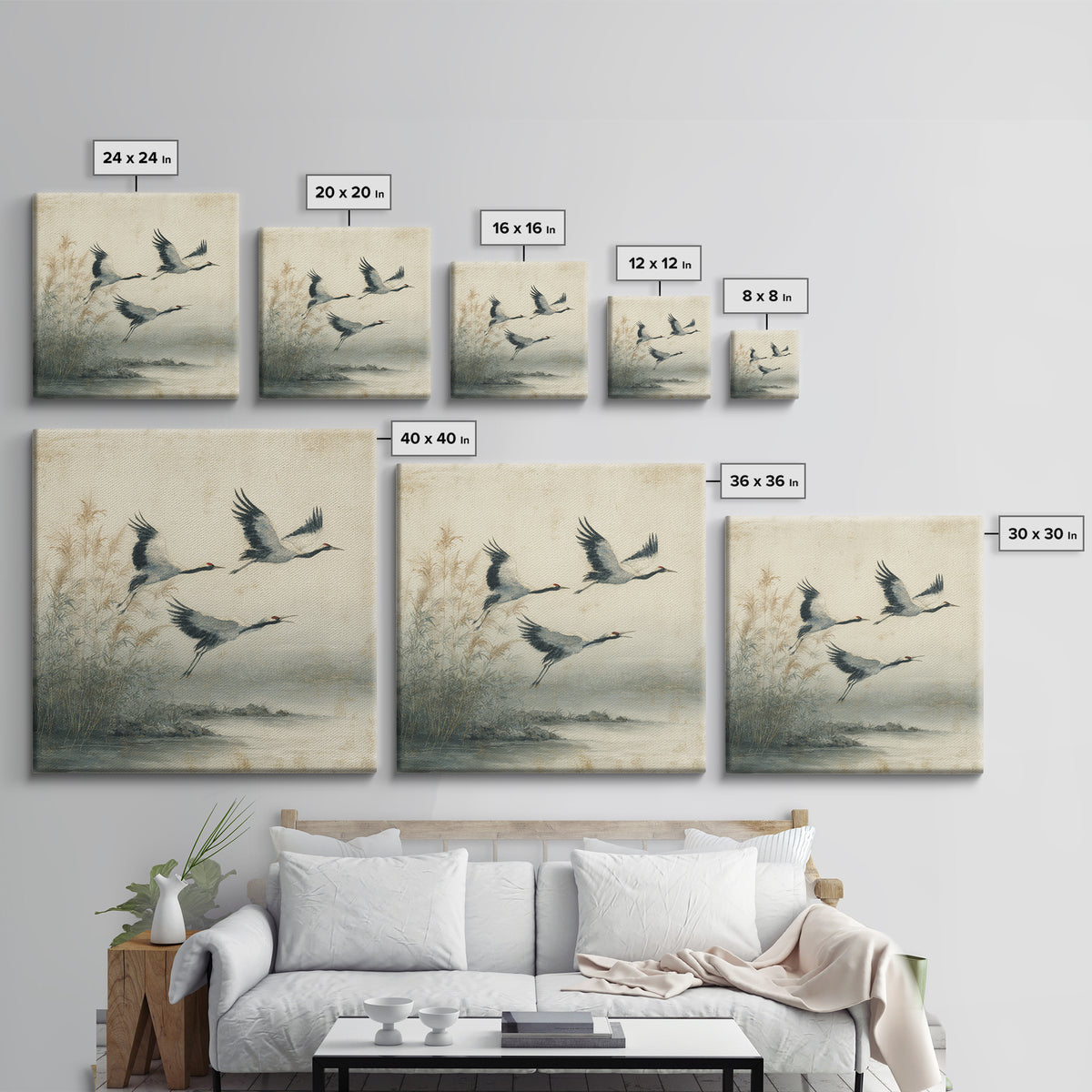 Ethereal Cranes Flying Through Pale Morning Mist Canvas Print, Above Bed Art, Fine Art Print, Bedroom Decor, Serenity, ABA-1x1-57
