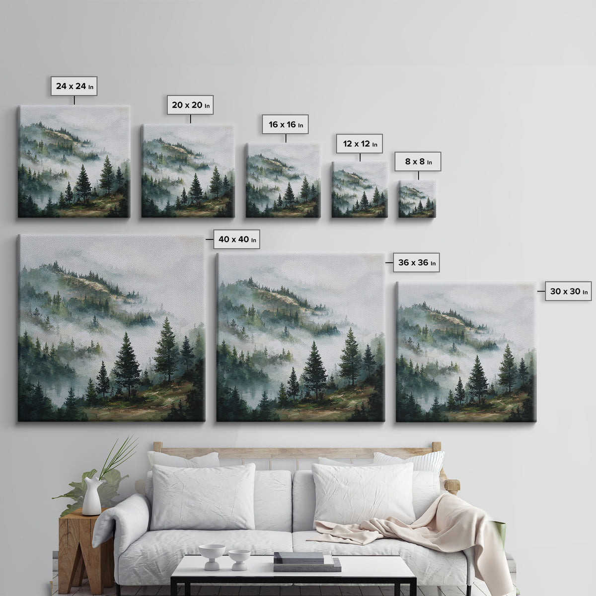 Quiet Forest Ridge Softened by Fog Framed Canvas Print, Above Bed Art, Bedroom Wall Art, Bedroom Decor, Fine Art, Serenity, ABA-1x1-62