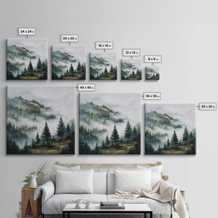 Quiet Forest Ridge Softened by Fog Framed Canvas Print, Above Bed Art, Bedroom Wall Art, Bedroom Decor, Fine Art, Serenity, ABA-1x1-62
