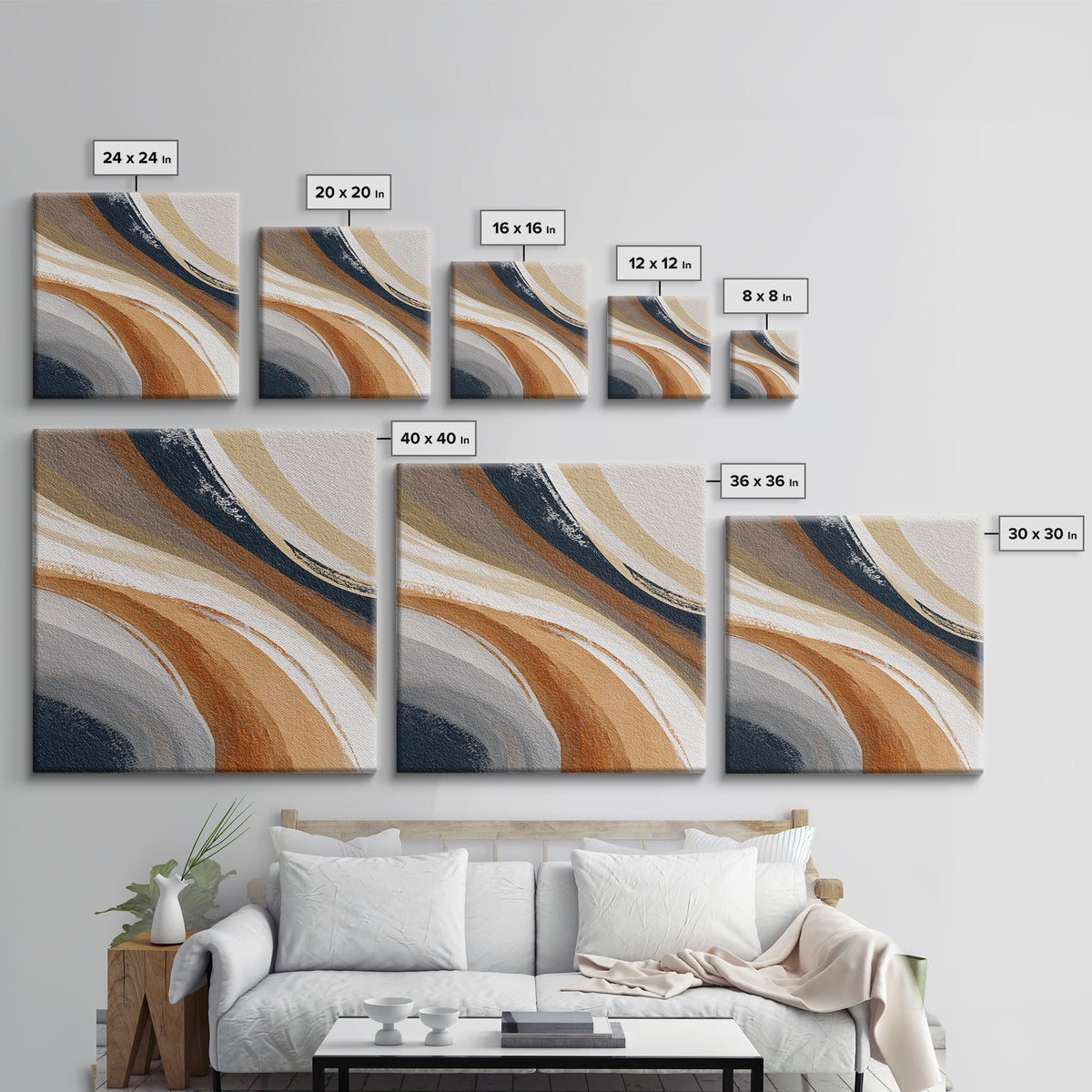 Warm Taupe Abstract Waves Framed Canvas Print, Above Bed Art, Above Bed Decor, Bedroom Decor, Serenity, Minimalist Decor, ABA-1x1-63