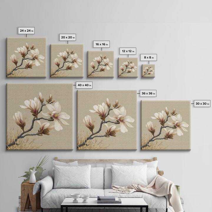 Delicate Magnolia Branch on Cream Background Framed Canvas Print, Above Bed Art, Boho Wall Art, Bedroom Decor, Watercolor Art, ABA-1x1-64