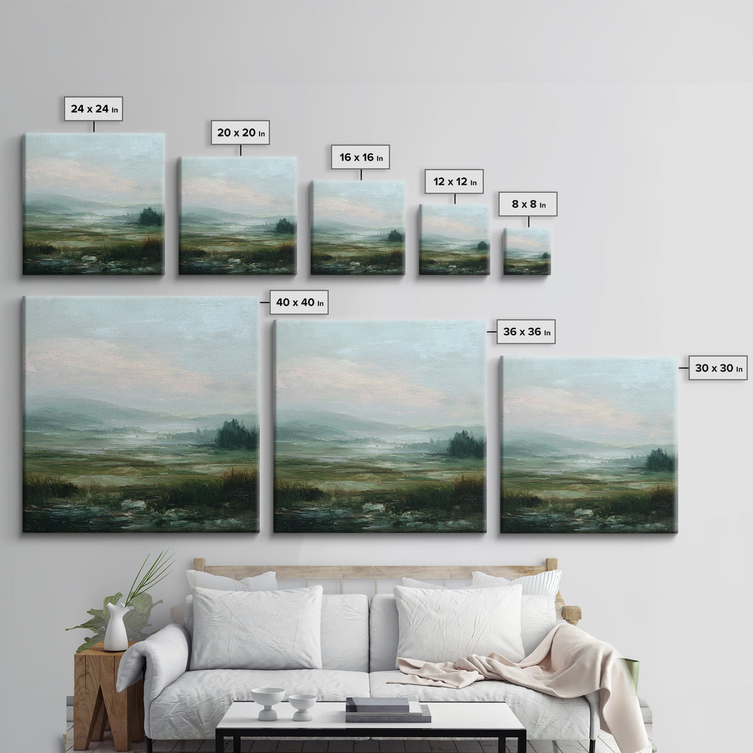Soft Romantic Landscape Framed Canvas Print, Above Bed Art, Home Decor, Bedroom Decor, Oil Painting, Serenity, Contemporary Art, ABA-1x1-65
