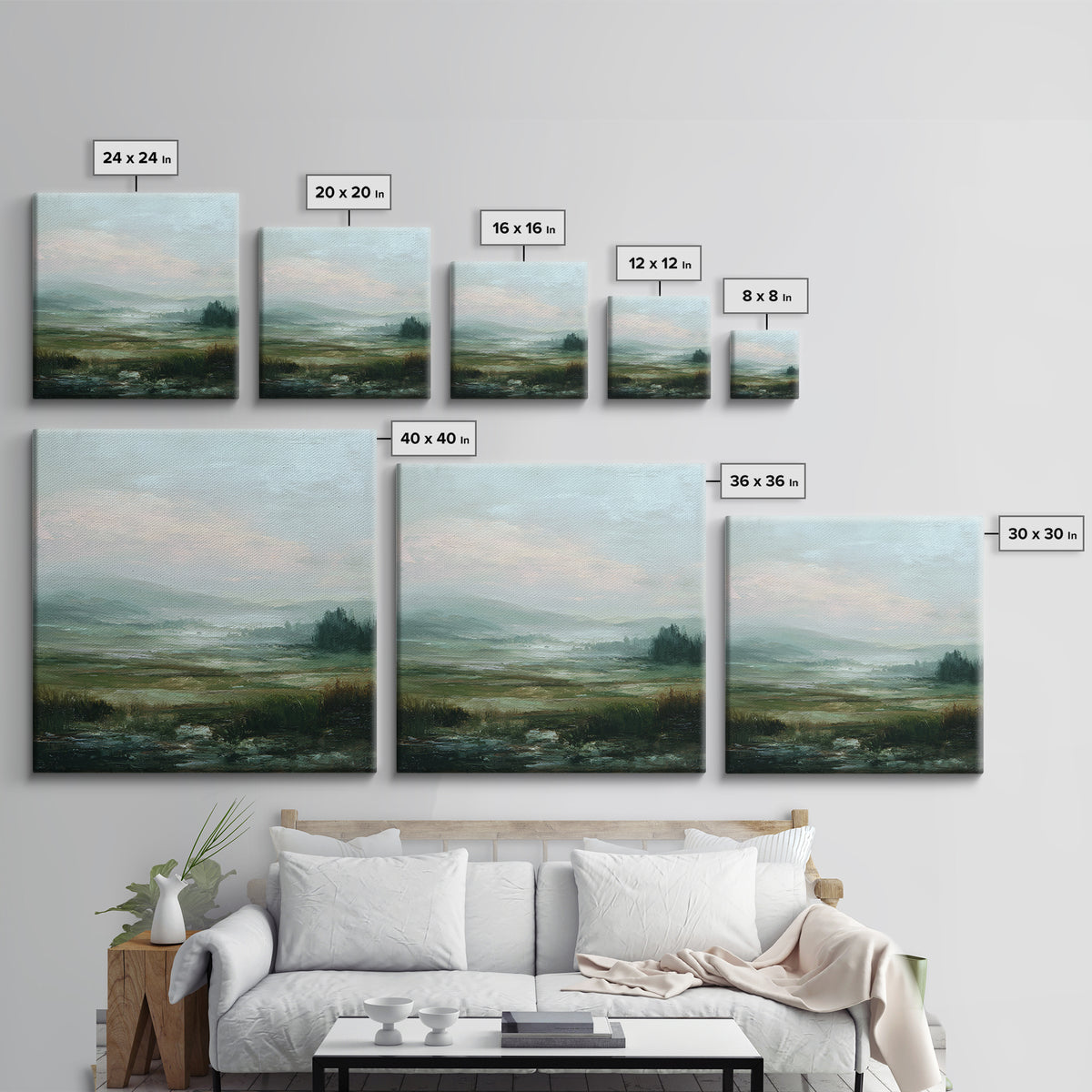 Soft Romantic Landscape Framed Canvas Print, Above Bed Art, Home Decor, Bedroom Decor, Oil Painting, Serenity, Contemporary Art, ABA-1x1-65