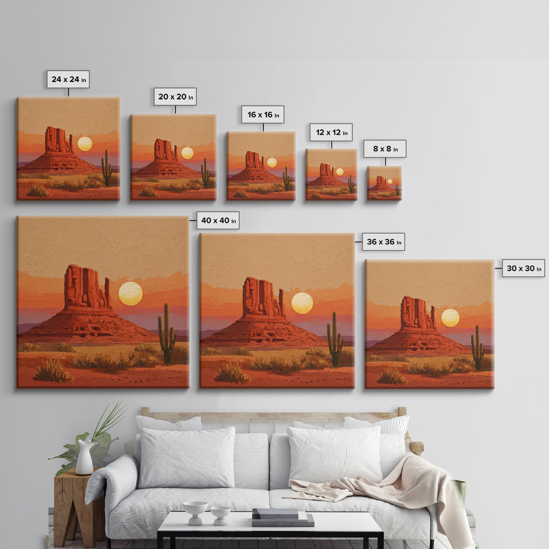 Dreamy Desert Sunset Framed Canvas Print, Above Bed Art, Bedroom Decor, Oil Painting, Serenity, Boho Decor, Western Decor, ABA-1x1-7