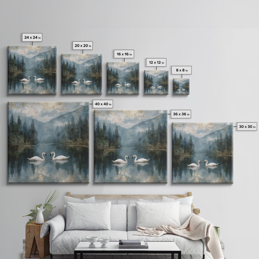 Paired Swans in a Dreamy Painterly Lake Framed Canvas Print, Above Bed Art, Boho Decor, Bedroom Decor, Oil Painting, Serenity, ABA-1x1-70