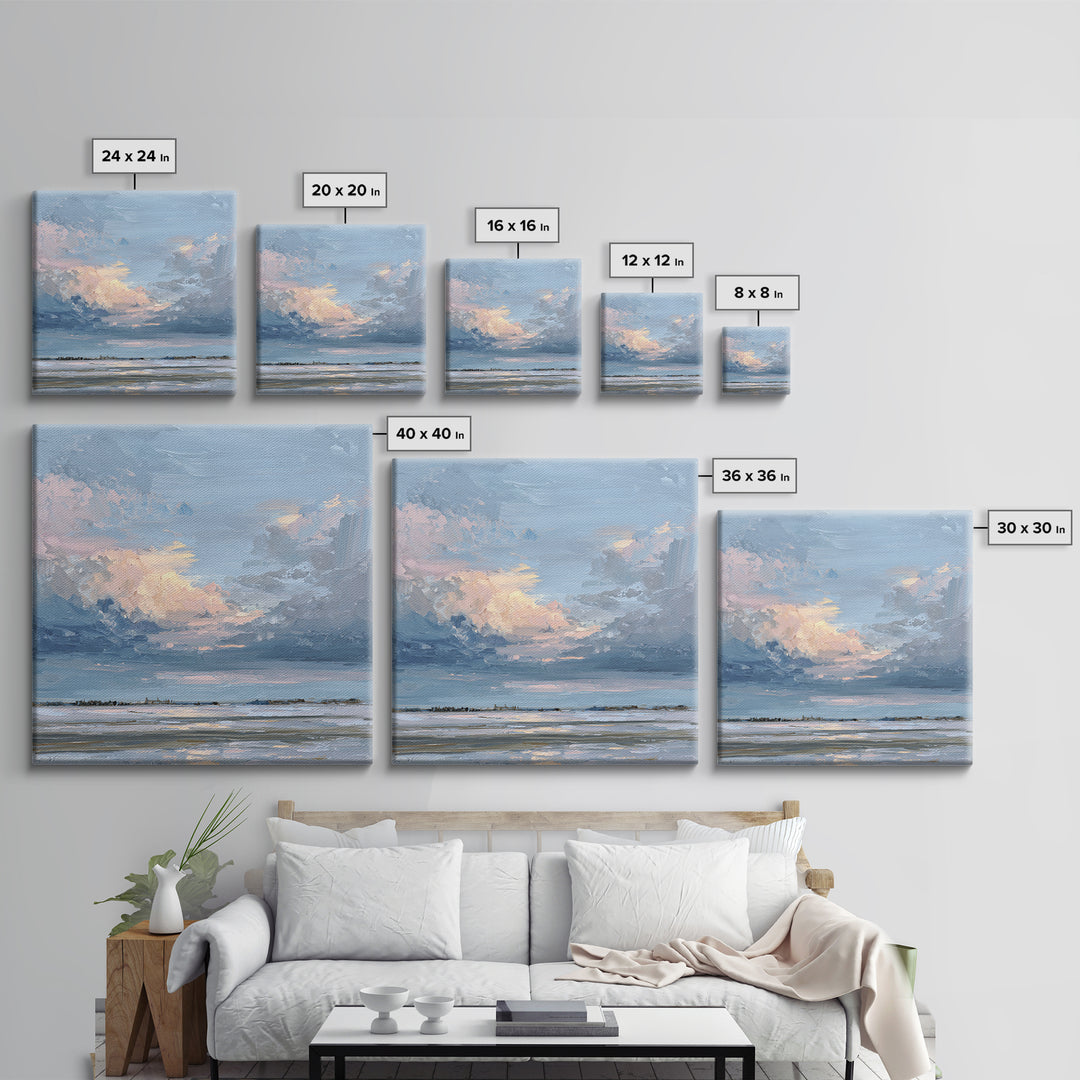 Tranquil Cloudscape with Blush Undertones Canvas Print, Above Bed Art, Room Decor, Bedroom Decor, Fine Art, Serenity, ABA-1x1-77