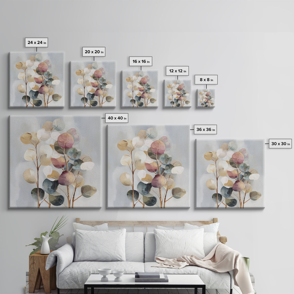 Soft Eucalyptus Branches Arranged Symmetrically Framed Canvas Print, Above Bed Art, Home Decor, Bedroom Decor, Serenity, ABA-1x1-78