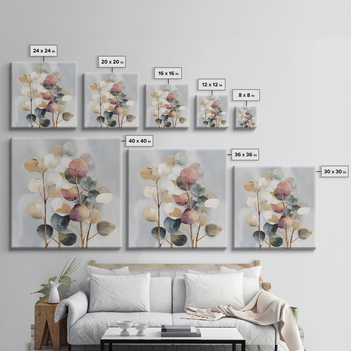 Soft Eucalyptus Branches Arranged Symmetrically Framed Canvas Print, Above Bed Art, Home Decor, Bedroom Decor, Serenity, ABA-1x1-78