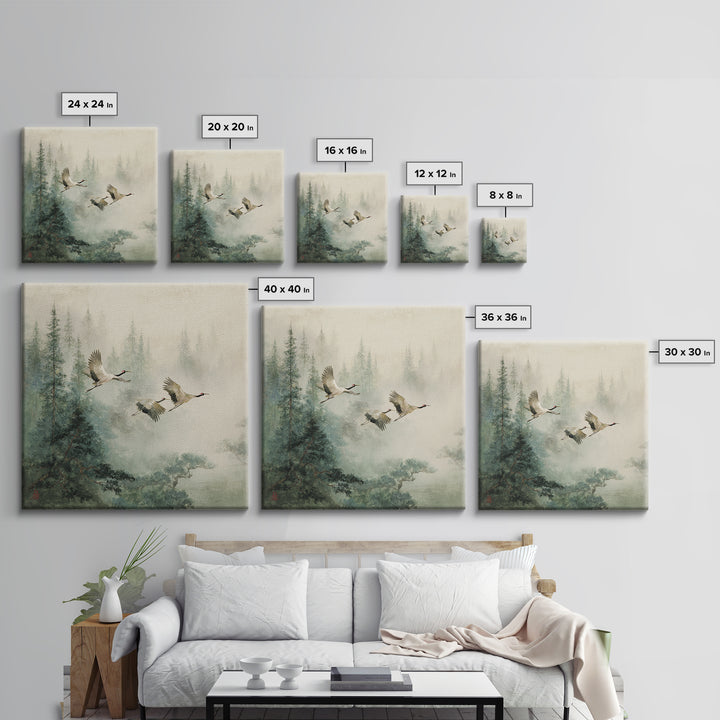 Ethereal Cranes Flying Through Pale Morning Mist Canvas Print, Above Bed Art, Textured Painting, Bedroom Decor, Serenity, ABA-1x1-81