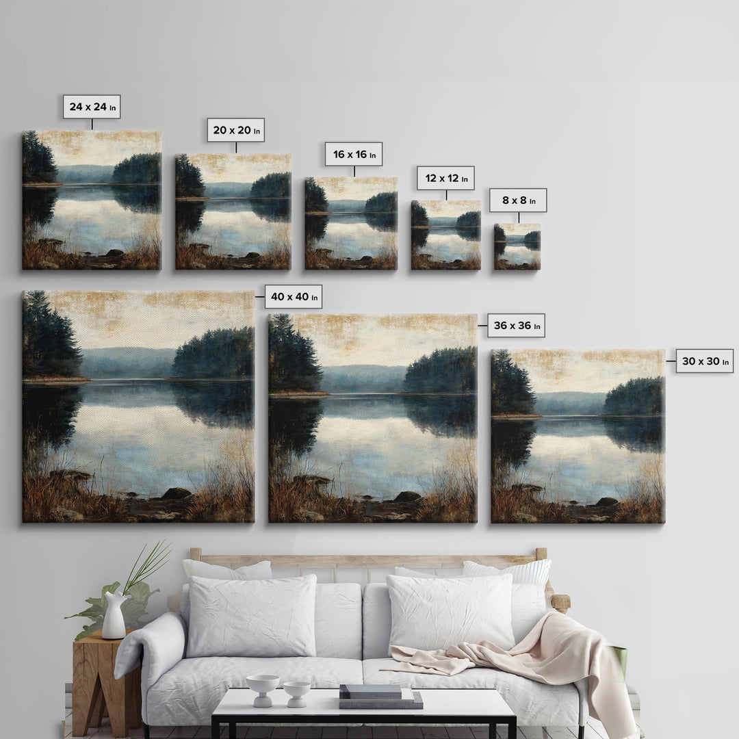 Calming Lake Reflection Framed Canvas Print, Above Bed Art, Fine Art Print, Bedroom Decor, Oil Painting, Serenity, Digital Art, ABA-1x1-83