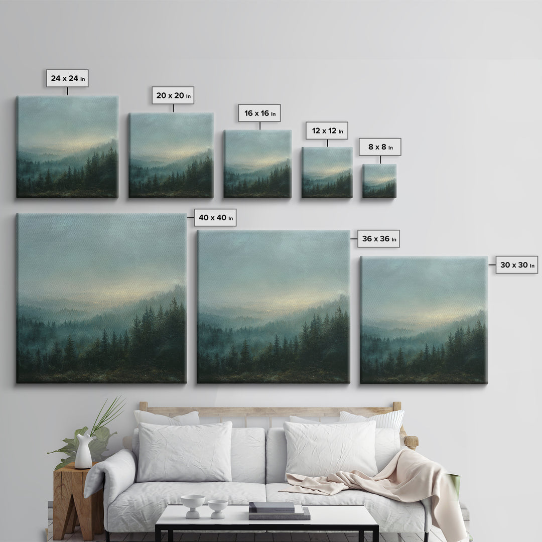 Quiet Forest Ridge Softened by Fog Canvas Print, Above Bed Art, Neutral Decor, Bedroom Decor, Oil Painting, Serenity, ABA-1x1-86