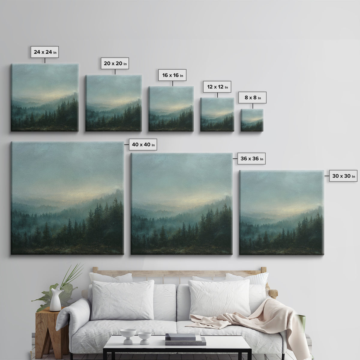 Quiet Forest Ridge Softened by Fog Canvas Print, Above Bed Art, Neutral Decor, Bedroom Decor, Oil Painting, Serenity, ABA-1x1-86