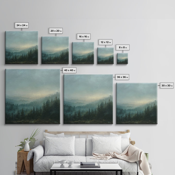Quiet Forest Ridge Softened by Fog Canvas Print, Above Bed Art, Neutral Decor, Bedroom Decor, Oil Painting, Serenity, ABA-1x1-86