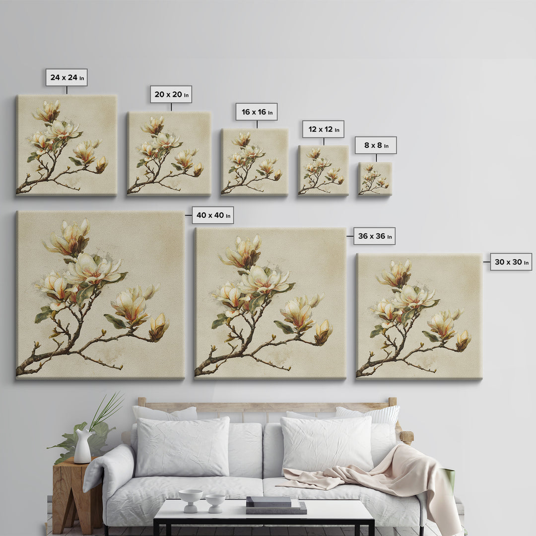 Delicate Magnolia Branch on Cream Background Canvas Print, Above Bed Art, Textured Painting, Bedroom Decor, Serenity, ABA-1x1-88