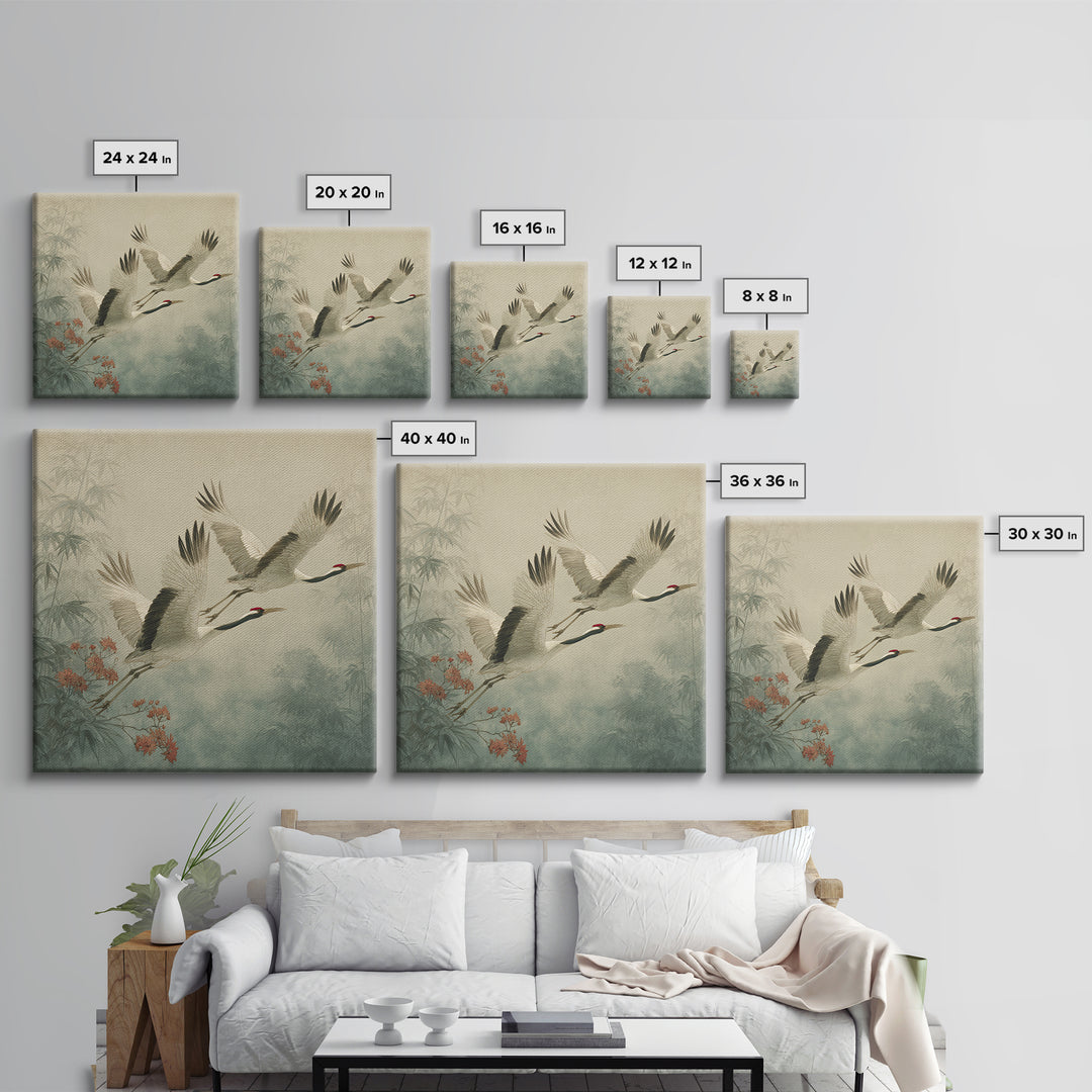 Ethereal Cranes Flying Through Pale Morning Mist Canvas Print, Above Bed Art, Bedroom Wall Decor, Bedroom Decor, Serenity, ABA-1x1-9