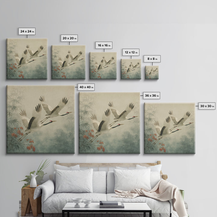 Ethereal Cranes Flying Through Pale Morning Mist Canvas Print, Above Bed Art, Bedroom Wall Decor, Bedroom Decor, Serenity, ABA-1x1-9