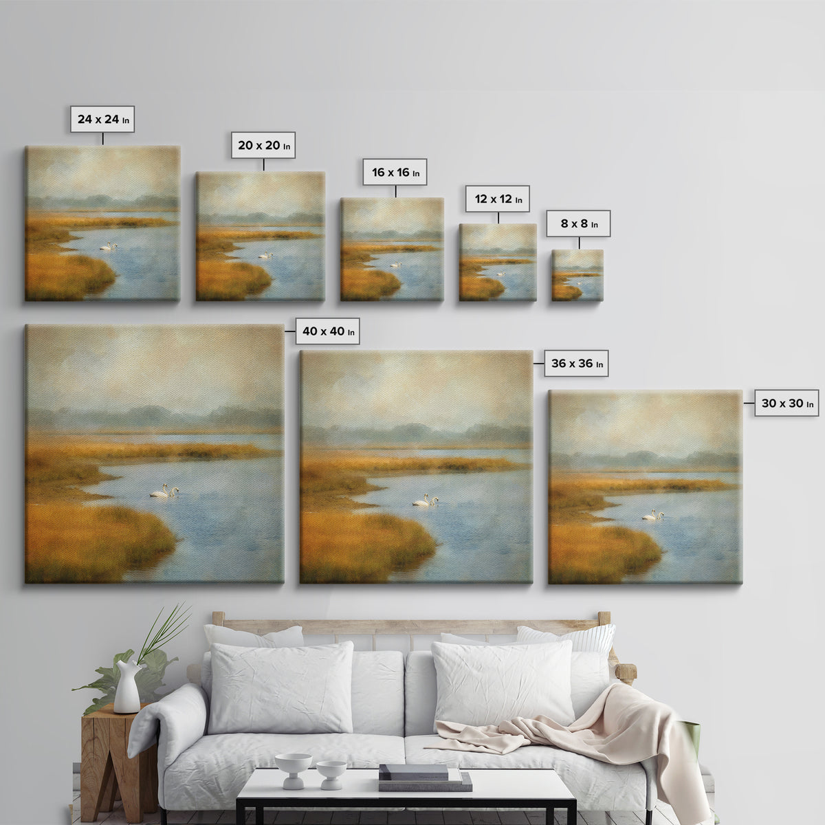 Paired Swans in a Dreamy Painterly Lake Canvas Print, Above Bed Art, Bedroom Wall Decor, Bedroom Decor, Fine Art, Serenity, ABA-1x1-94