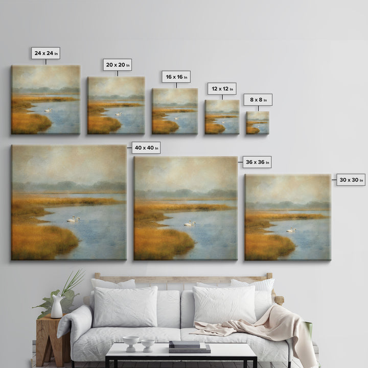 Paired Swans in a Dreamy Painterly Lake Canvas Print, Above Bed Art, Bedroom Wall Decor, Bedroom Decor, Fine Art, Serenity, ABA-1x1-94