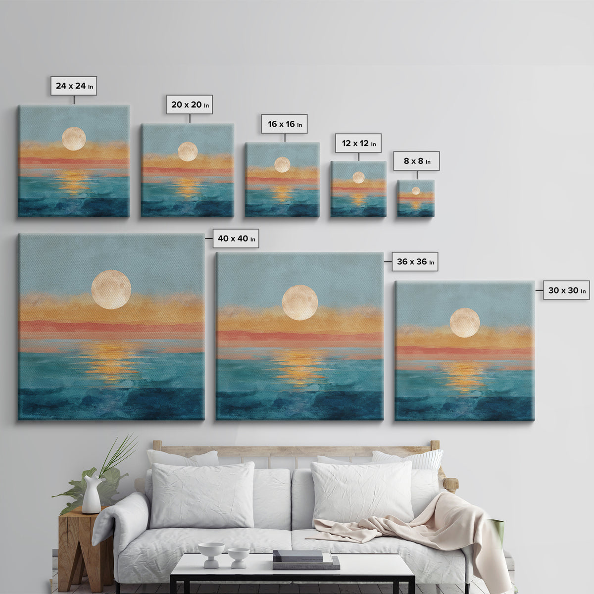 Quiet Moon over a Calm Ocean Horizon Canvas Print, Above Bed Art, Wall Art, Bedroom Decor, Oil Painting, Serenity, ABA-1x1-99