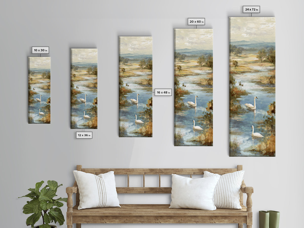 Paired Swans in a Dreamy Painterly Lake Canvas Print, Above Bed Art, Dopamine Decor, Bedroom Decor, Fine Art, Serenity, ABA-1x3-10