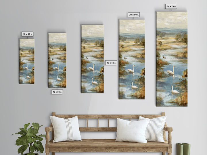 Paired Swans in a Dreamy Painterly Lake Canvas Print, Above Bed Art, Dopamine Decor, Bedroom Decor, Fine Art, Serenity, ABA-1x3-10