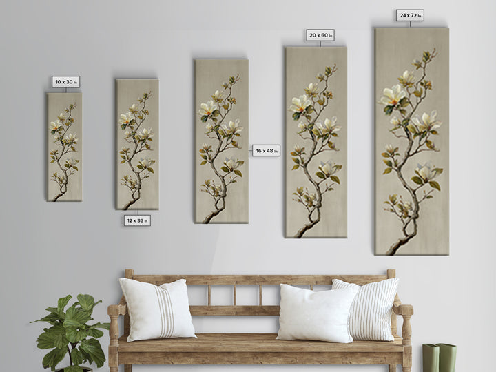 Delicate Magnolia Branch on Cream Background Canvas Print, Above Bed Art, Horizontal Wall Art, Bedroom Decor, Oil Painting, ABA-1x3-100