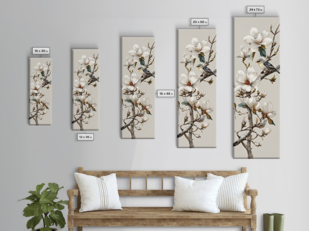 Delicate Magnolia Branch on Cream Background Framed Canvas Print, Above Bed Art, Modern Decor, Bedroom Decor, Oil Painting, ABA-1x3-4